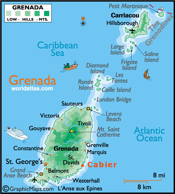 Hamilton Holiday Houses: location map for Cabier on Grenada Map